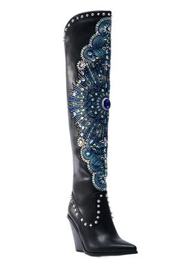 Azalea Wang Women's Axelbeat Thigh-High Embellished Western Boot Round Toe Sz 8